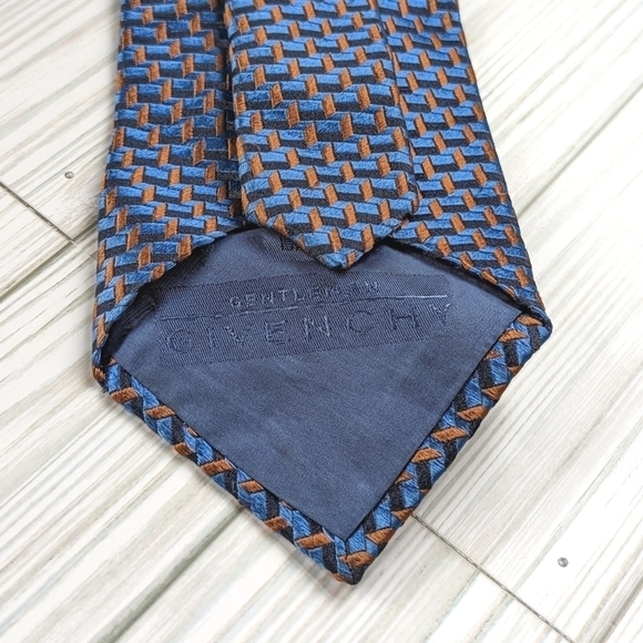 Givenchy Geometric Block Print Silk Tie in Metallic Blue and Burnt Orange - Picture 4 of 8